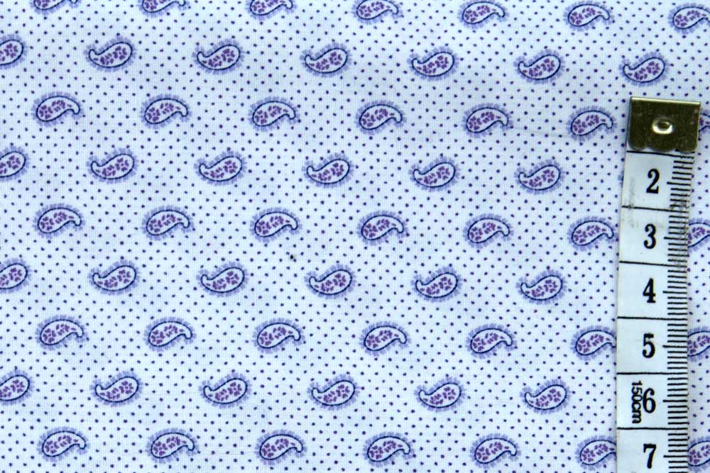 Paisley printed cotton fabric, purple and white