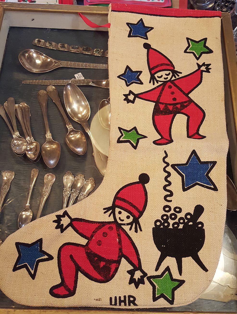 Ingrid Uhr printed big Christmastockning jute 1960s