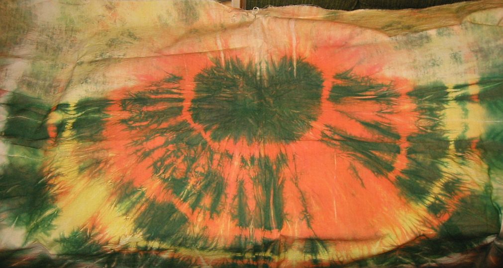 Batiktyg grön, rosa, gul, 1960-tal