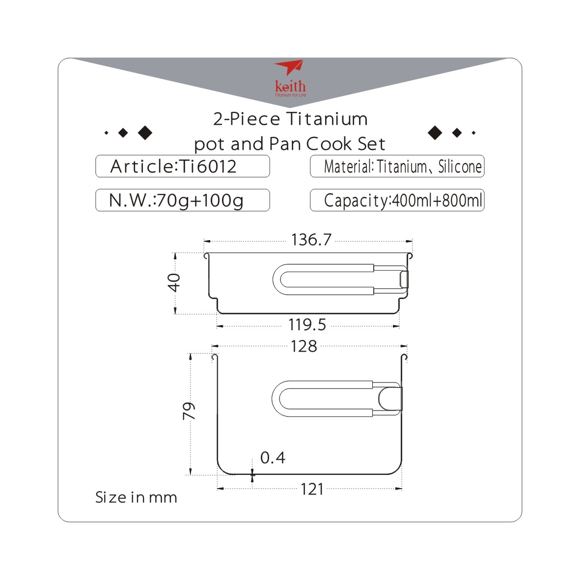2-Piece Titanium pot and Pan Cook Set   800 + 400ml - 7