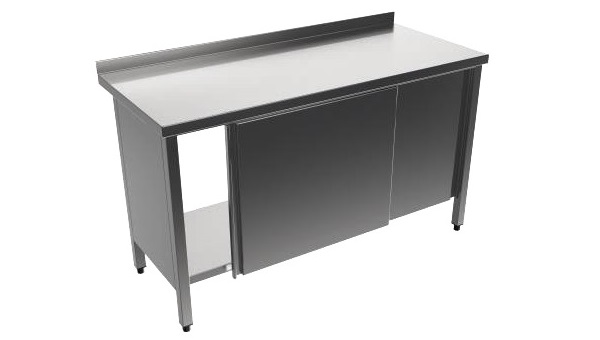 Arbetsbänk 700 mm djup i rostfritt med skjutdörrar och uppvikt bakkant + underhylla