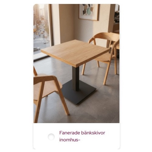Träfaner restaurangbord och cafébord för inomhusbruk.
