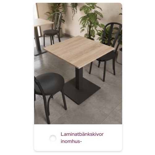 Laminerade restaurangbord och cafébord för inomhusbruk.