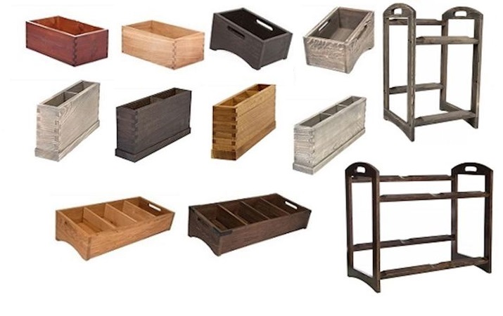 Besticklådor, brickor, bord, displayer i trä