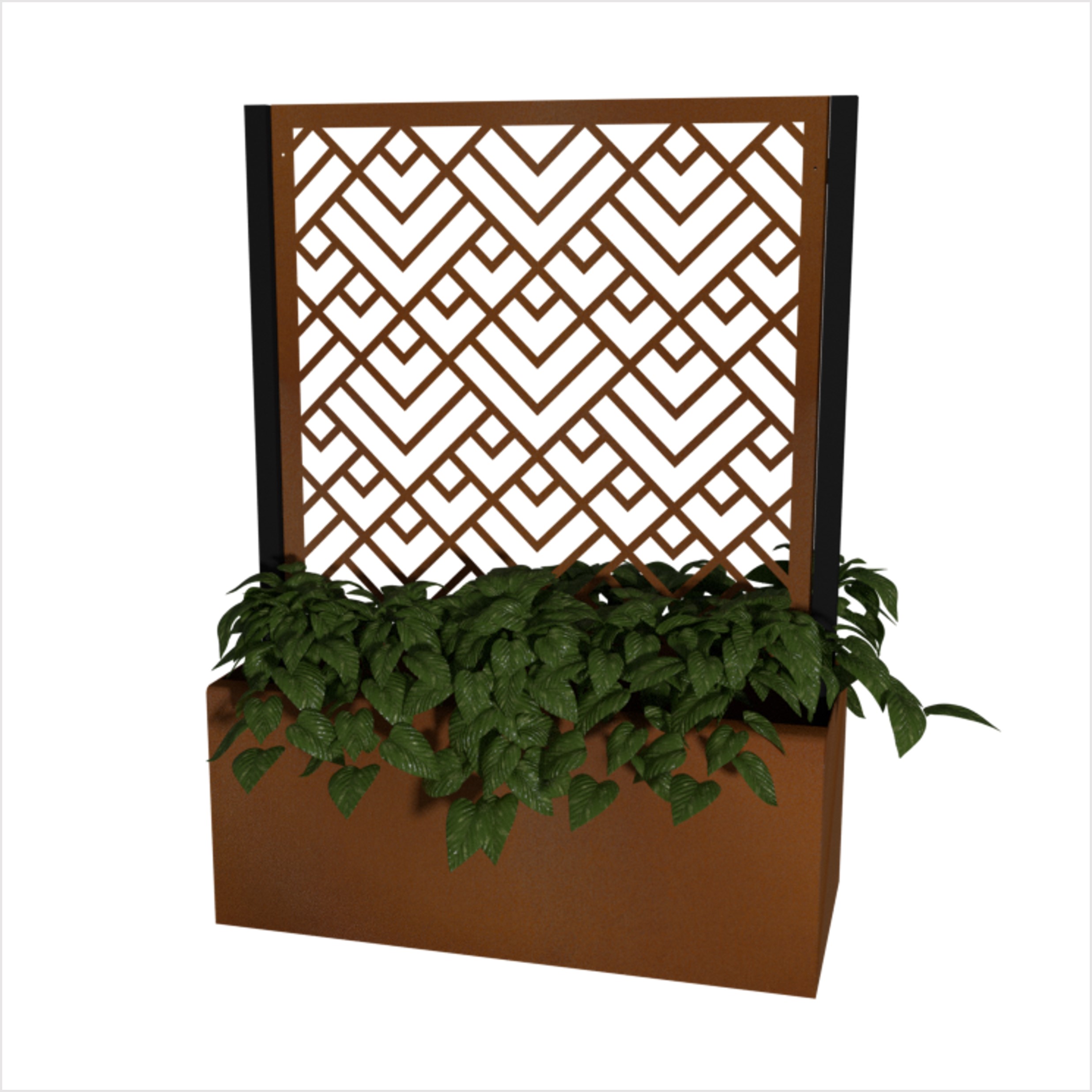 Skärmvägg, corten, rostbrun, gröna blad, krukväxt
