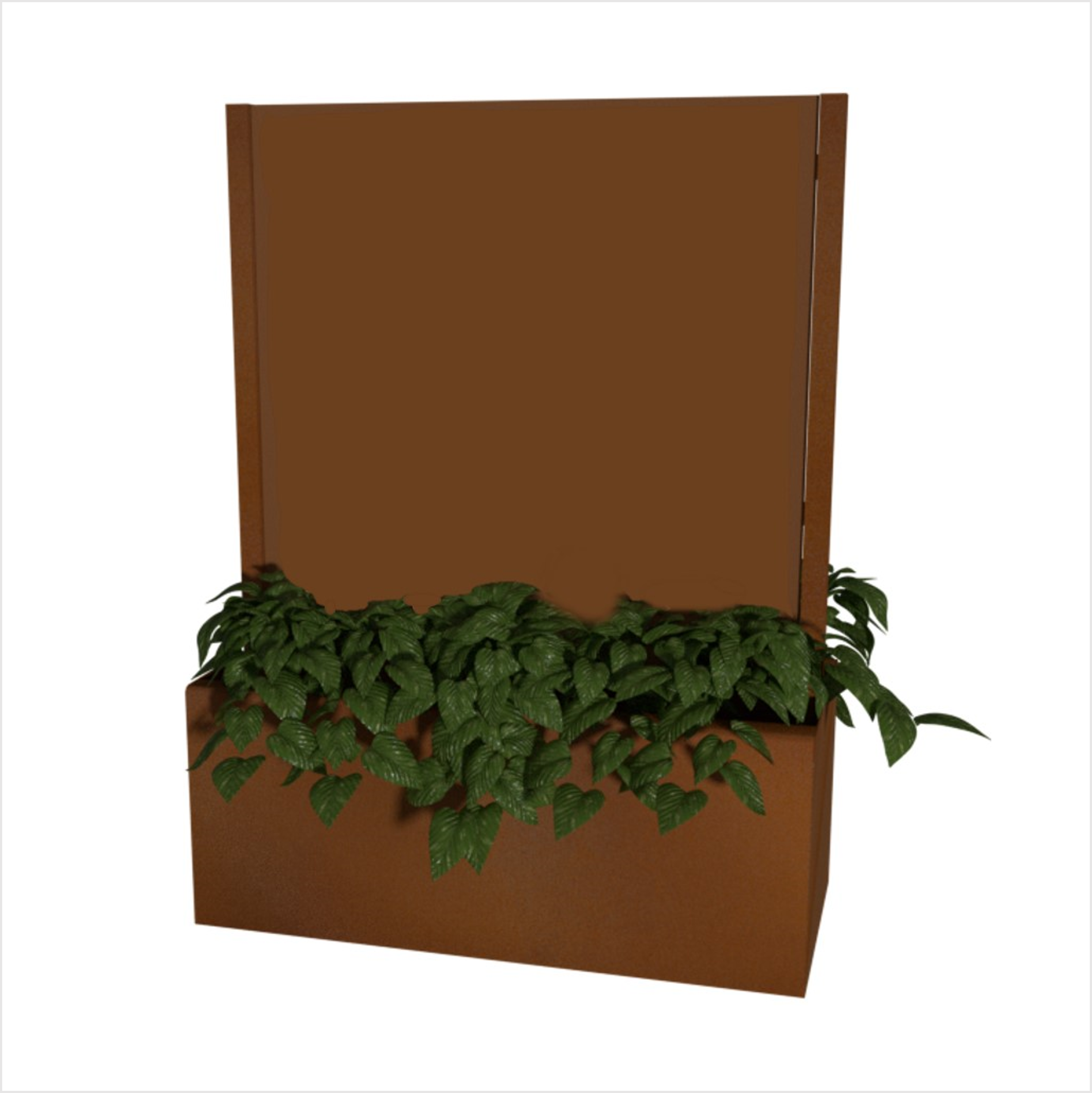 Skärmvägg, planteringskärl, cortenplåt, rostbrun, gröna blad
