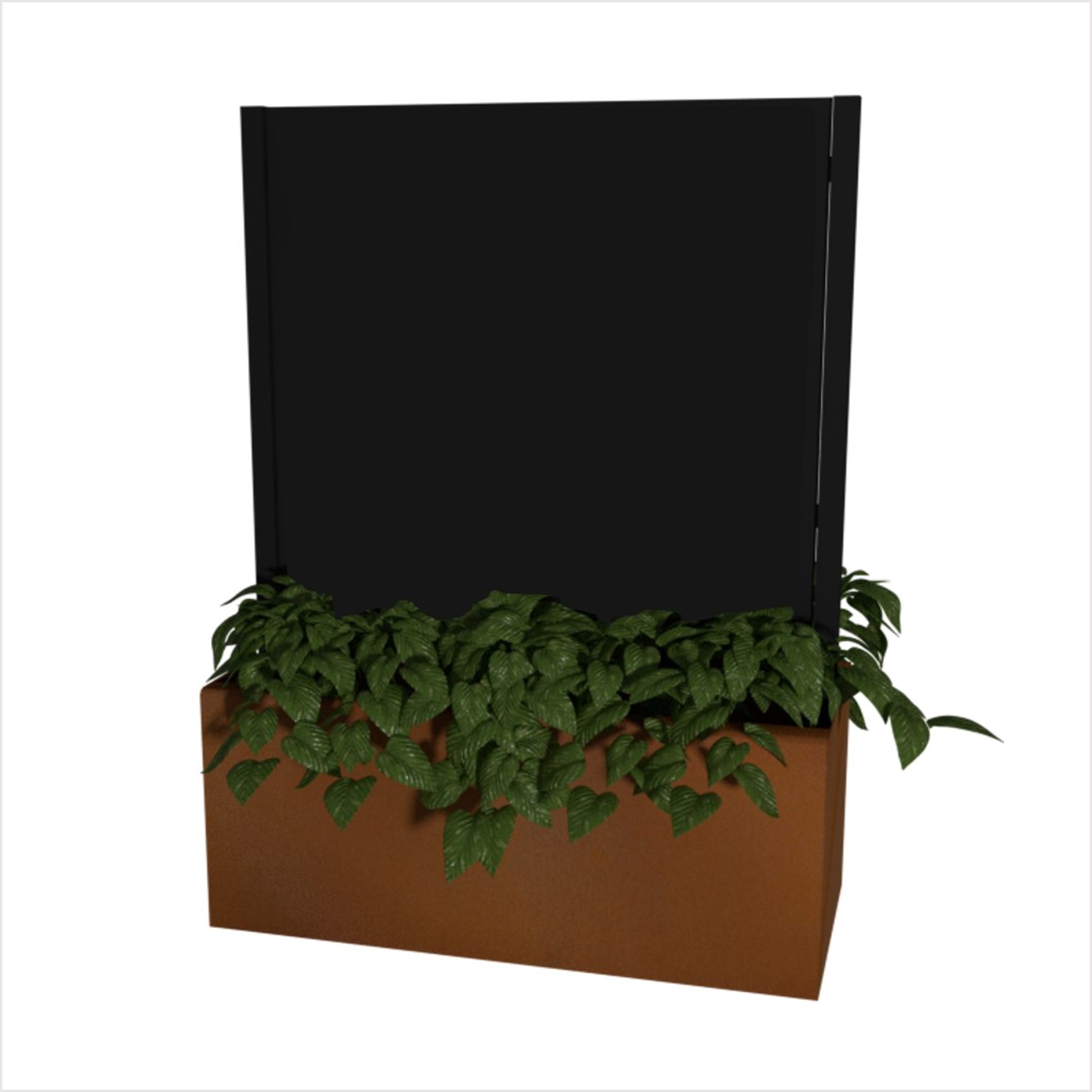 Svart skärmvägg, insynsskydd, planteringskärl, corten, gröna växter