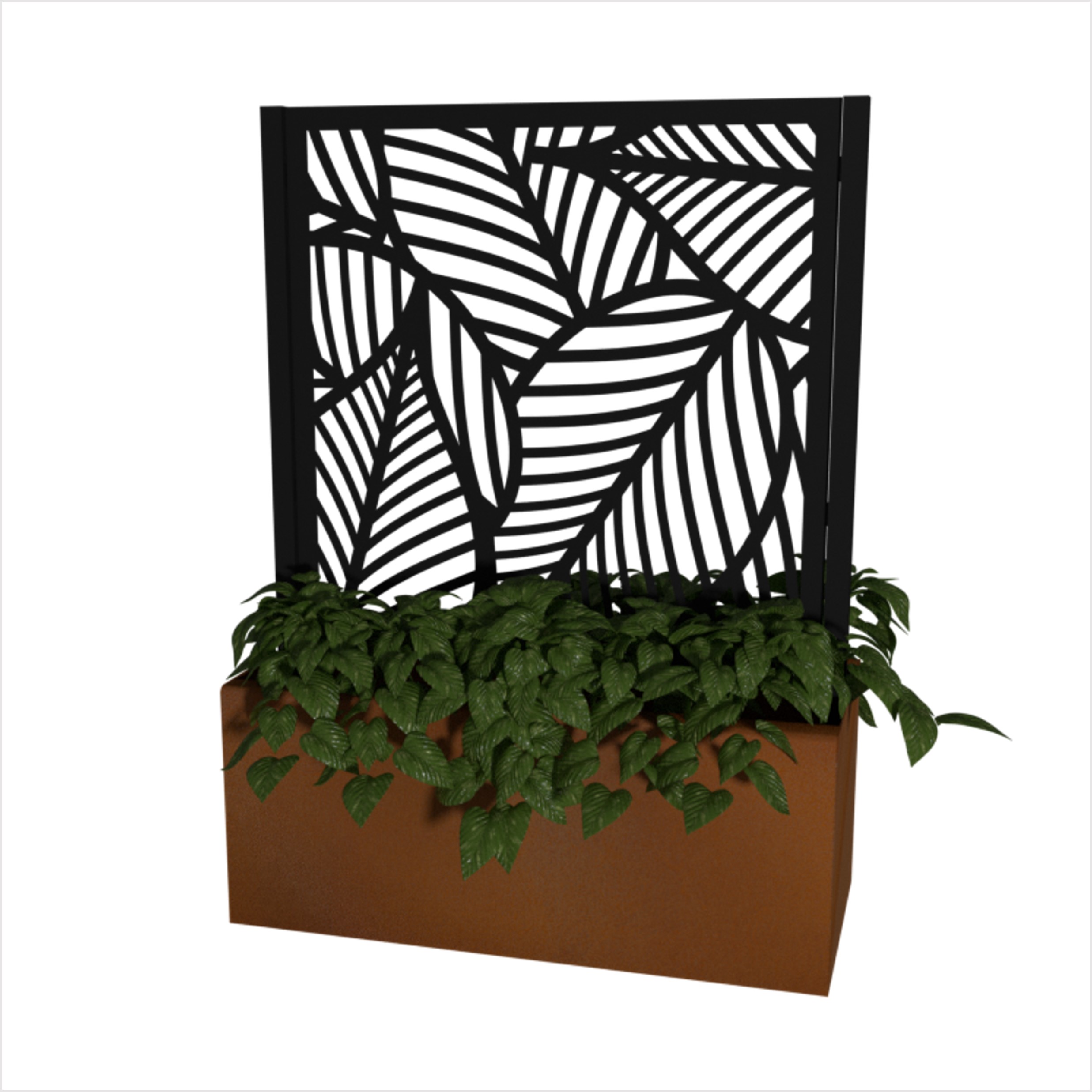 Svart skärmvägg, spaljé, växtkärl. corten, gröna blad