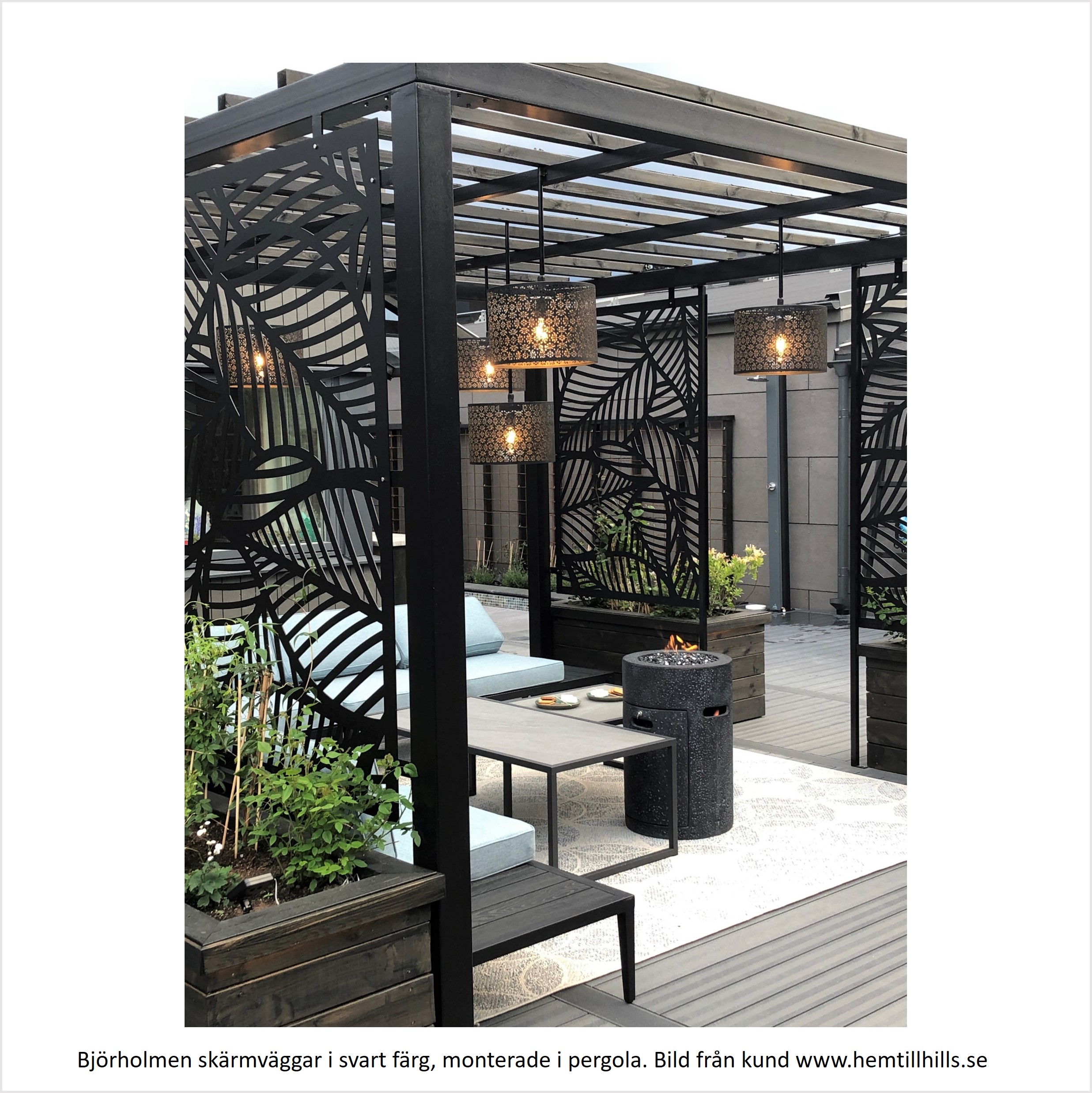 Pergola med svarta skärmväggar i stål