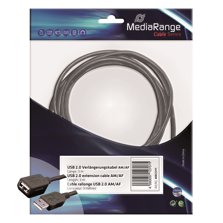 USB-jatkojohto 3m   USB 2.0 musta