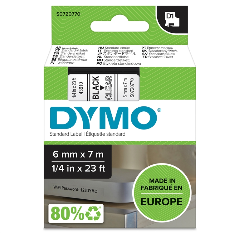 Tarrakasetti Dymo 43610 6mm kirkas/musta