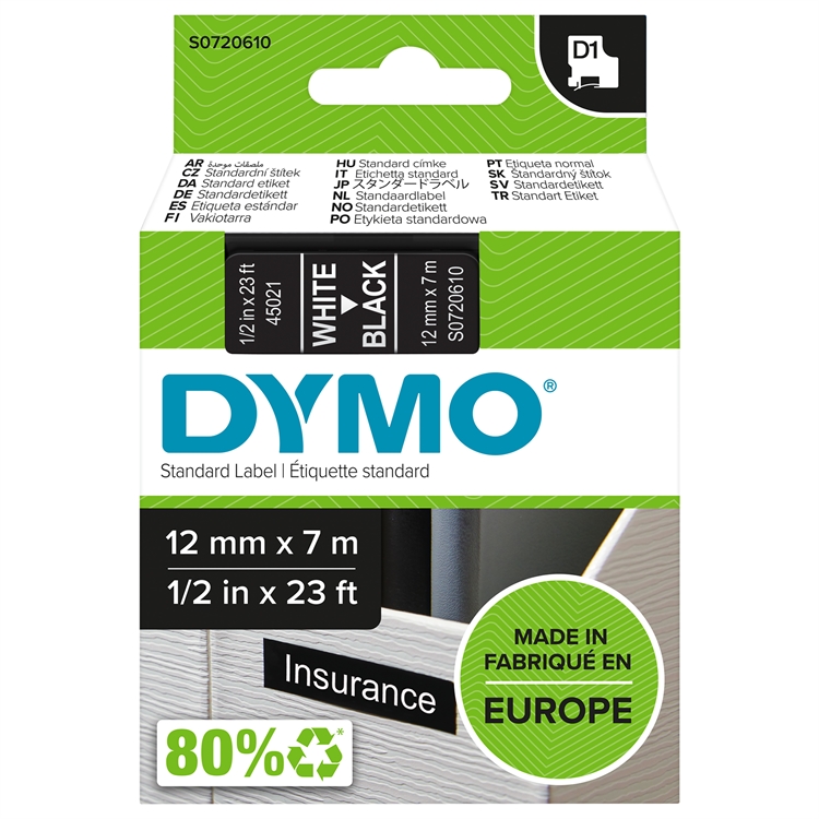 Tarrakasetti Dymo 45021 12mm must/valkoi - 2
