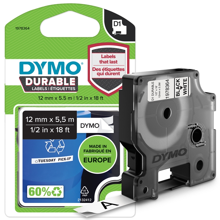 Tarrakasetti Dymo D1kesto 12mm valk/mu