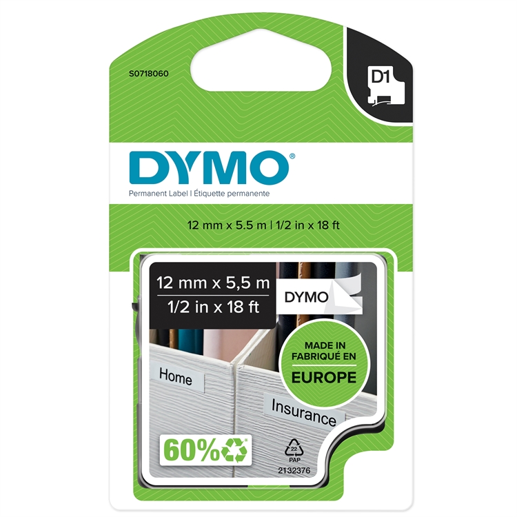 Tarrakasetti Dymo D1poly 12mm valk/mus