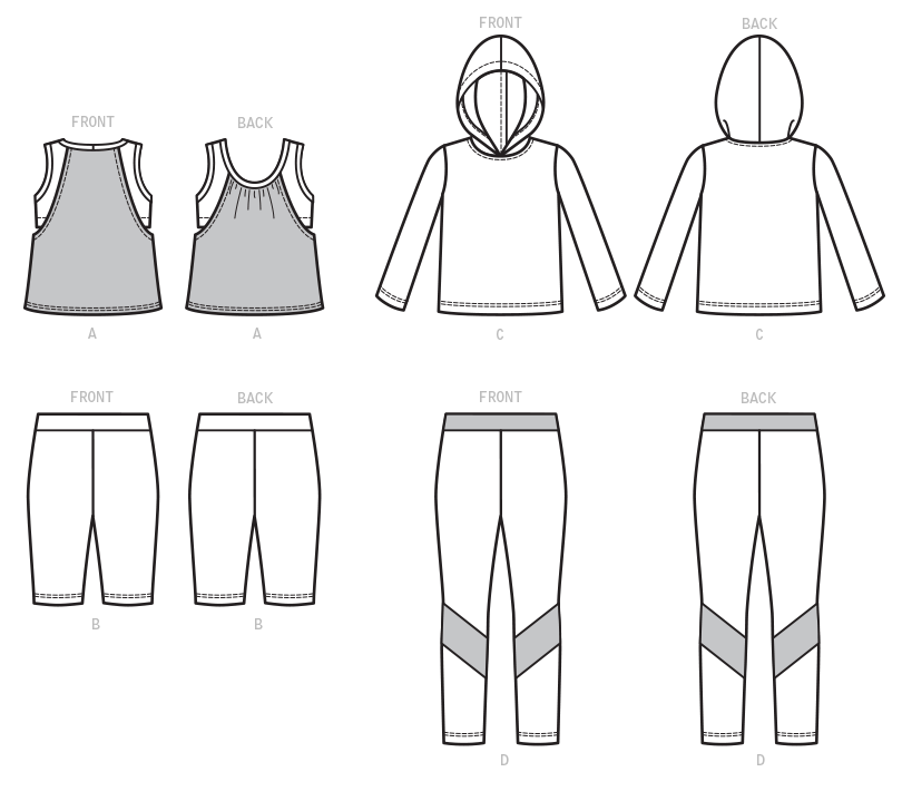 Huvtröja, linne, caprishorts och leggings. 3-10 år - 3