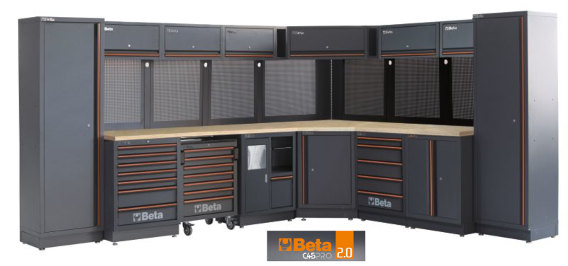 BETA TOOLS Verkstadsinredning C45PRO 2.0 DX med hörnmodul, träarbetsbänk 2040 x 615 mm och 1360 x 615 mm, 5 och 7 lådor, mobil verktygsvagn, väggmonterade skåp, BETA