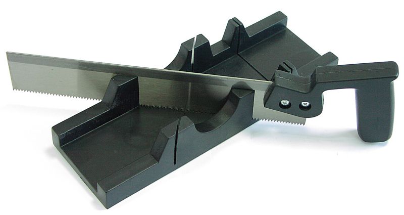 300 mm Mitre Box with Saw. för Cutting 90 and 45. Max. Width of Cutting Panels Up To 65 mm. Supplied with Tenon Saw 300 mm with Plastic Black Handle. Mitre Box Made of Black Plastic.