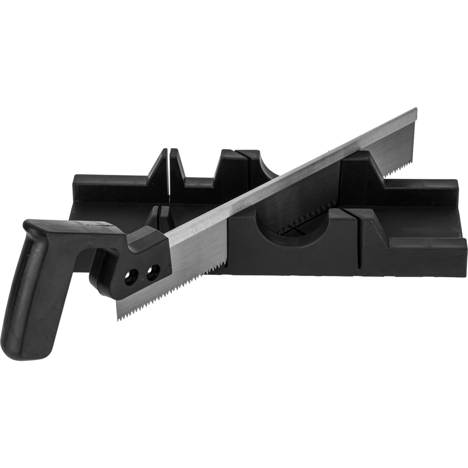 300 mm Mitre Box with Saw. för Cutting 90 and 45. Max. Width of Cutting Panels Up To 65 mm. Supplied with Tenon Saw 300 mm with Plastic Black Handle. Mitre Box Made of Black Plastic. - 6