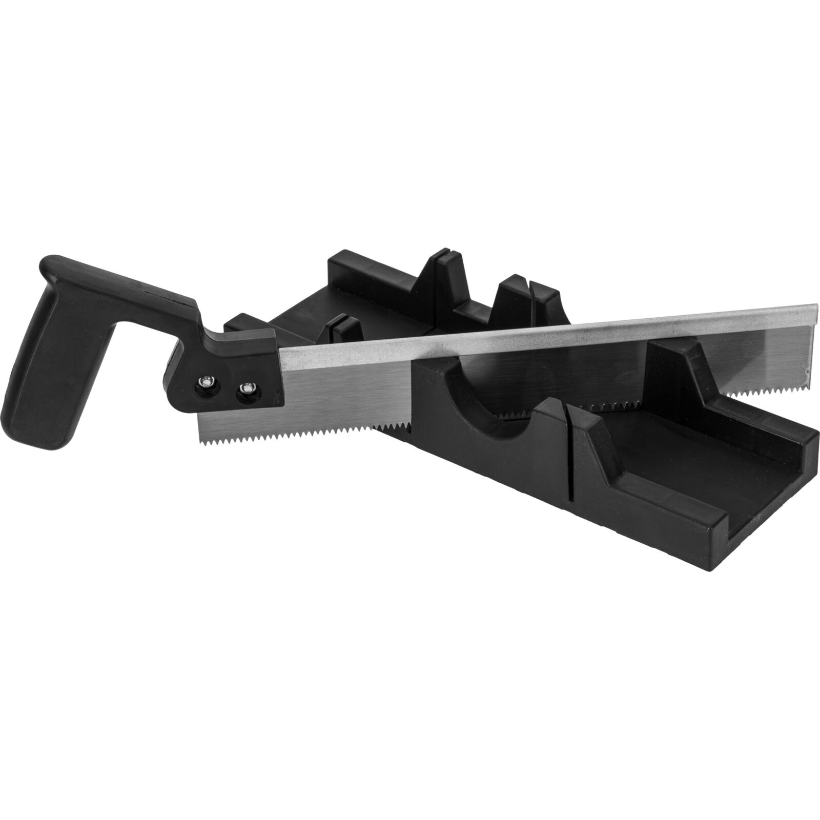 300 mm Mitre Box with Saw. för Cutting 90 and 45. Max. Width of Cutting Panels Up To 65 mm. Supplied with Tenon Saw 300 mm with Plastic Black Handle. Mitre Box Made of Black Plastic. - 2