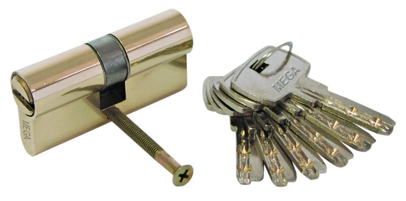 Brass Lock Cylinder, Symmetrical - 62 mm. 6 Special Security Type Keys. Lång Brass Screw 64 mm.