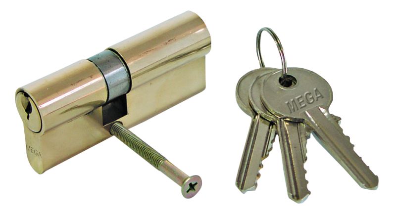 Brass Assymetrical Lock Cylinder 70 mm (3040). 3 Keys. Brass Screw 64 mm Lång.