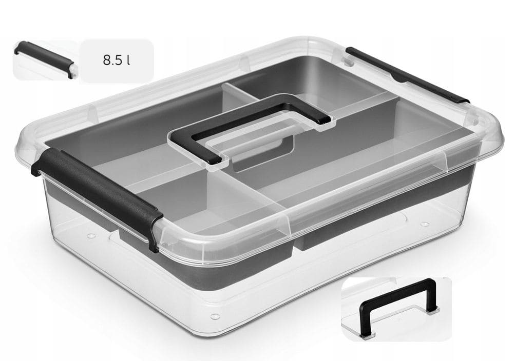 Förvaringslåda 2st x 8,5 L med Handtag, Lock och Insats, 39x29x11 cm Genomskinlig - 3