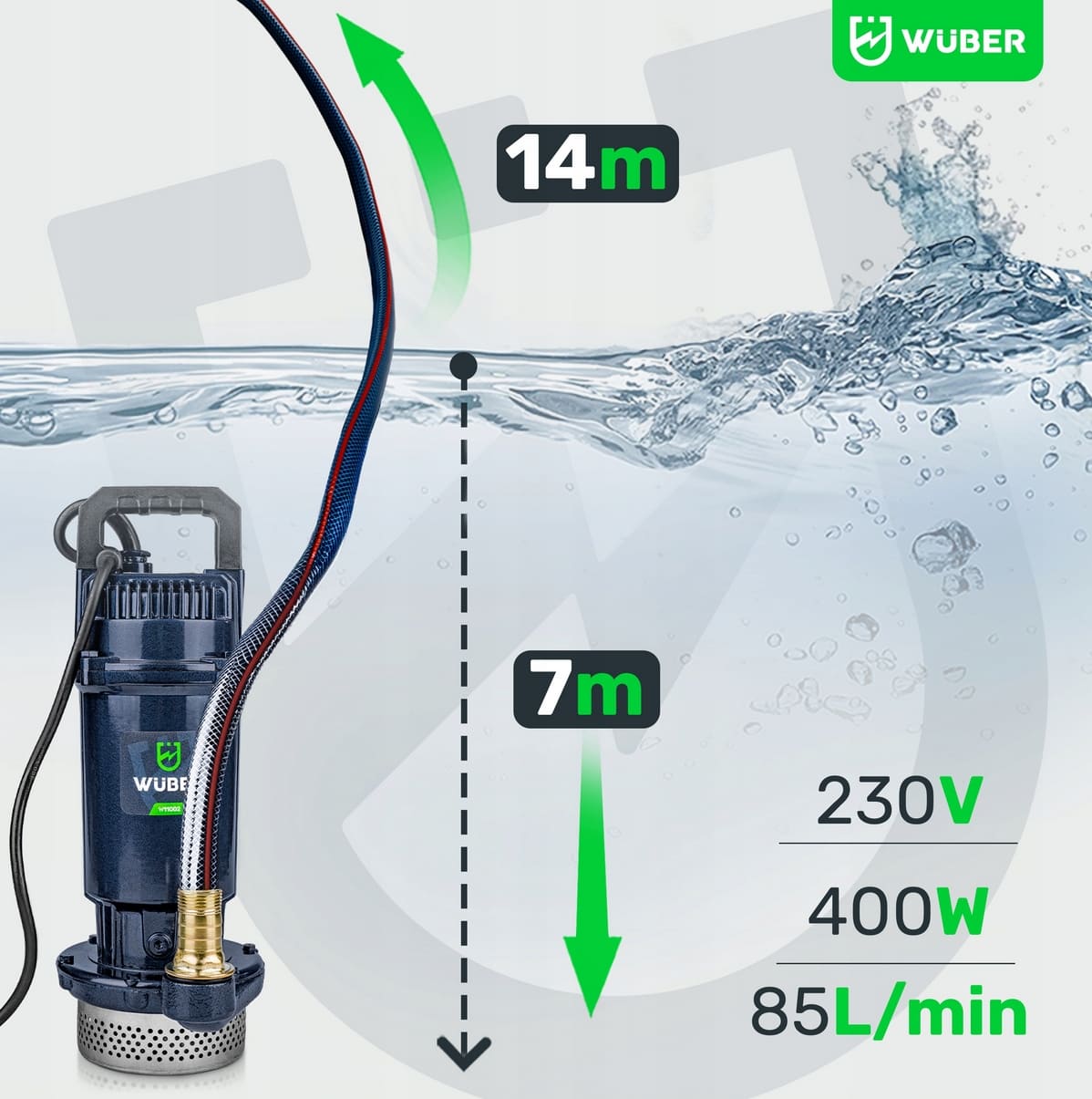 Dränkbar vattenpump för smutsigt vatten 85 l/min , 400W, Wuber - 9