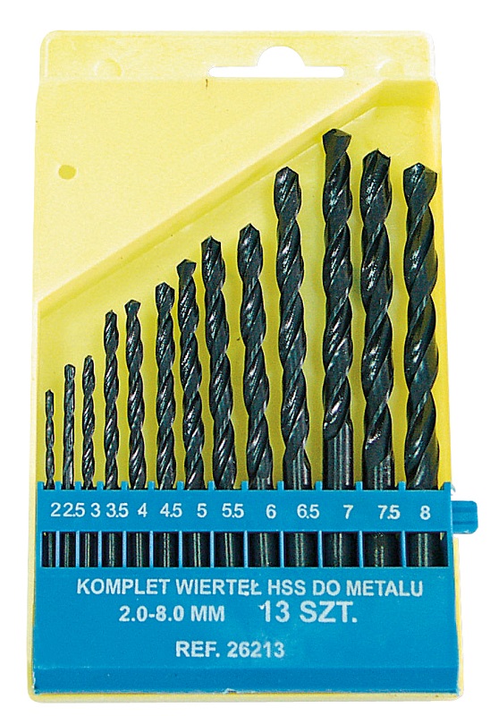 Mega Metallborr HSS (spiralborr) sats 13st, för metall, DIN 338, st. ar 2.0~8.0 mm, 0.5 mm mellan varje st. . Svarta, platt plastbox, inplastad.