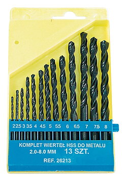 Mega Metallborr HSS (spiralborr) sats 13st, för metall, DIN 338, st. ar 2.0~8.0 mm, 0.5 mm mellan varje st. . Svarta, platt plastbox, inplastad.