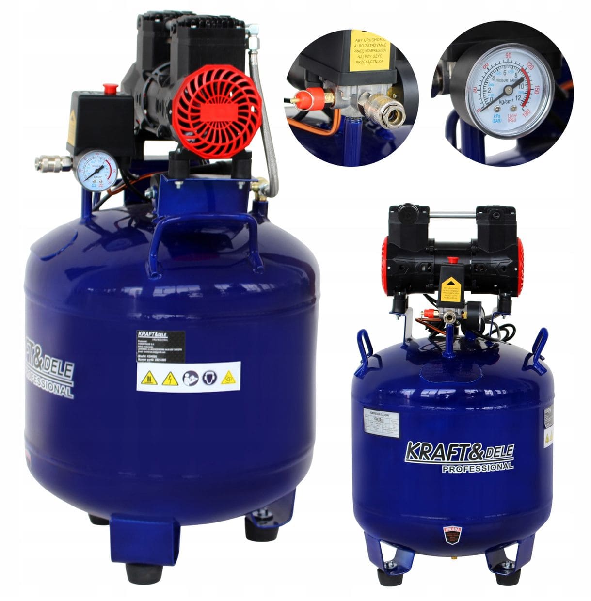 Oljefri Kompressor 50L 1500W 290L/min Rund Tyst 75dB Hopfällbart Handtag, Kraft&Dele