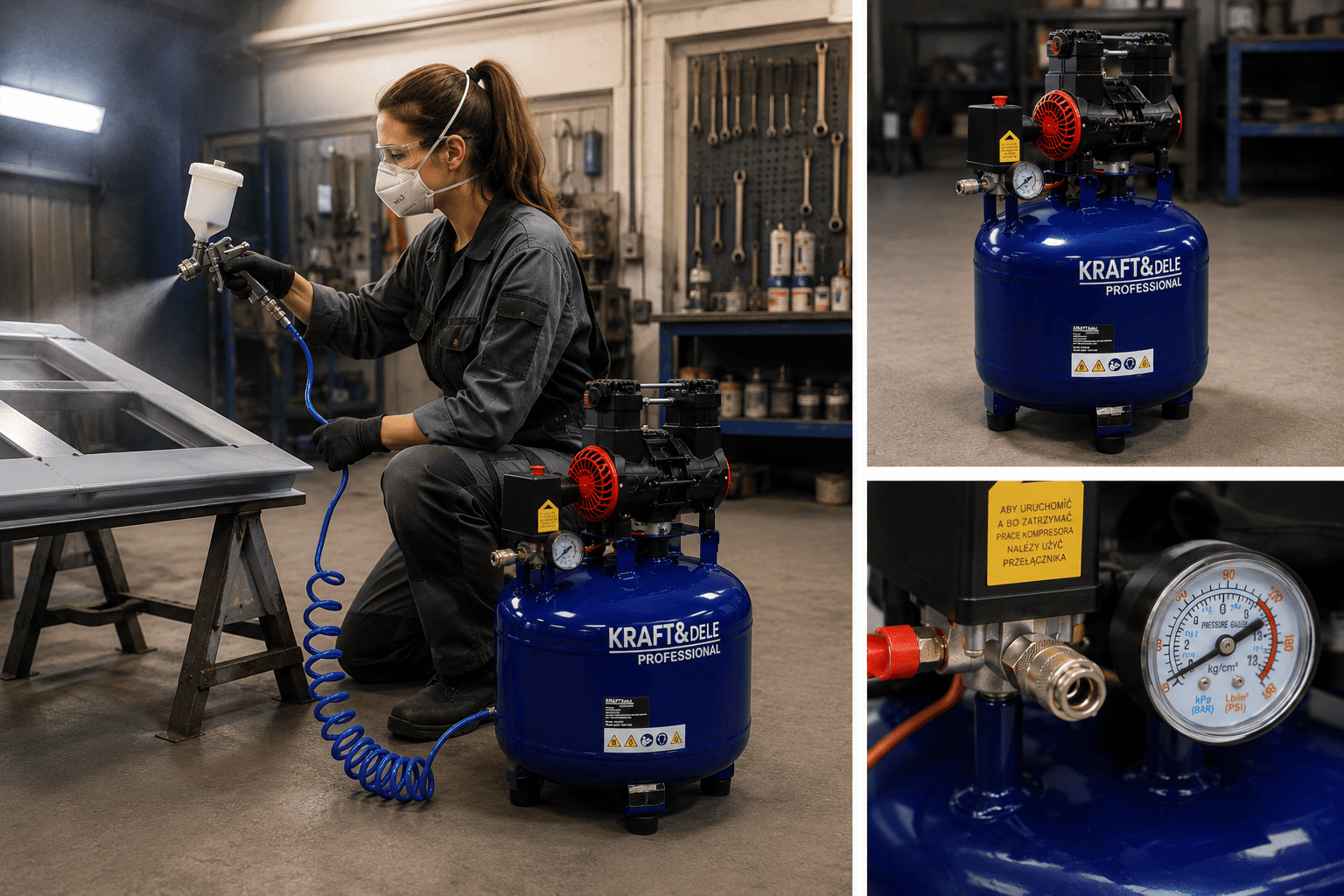 Oljefri Kompressor 50L 1500W 290L/min Rund Tyst 75dB Hopfällbart Handtag, Kraft&Dele - 6