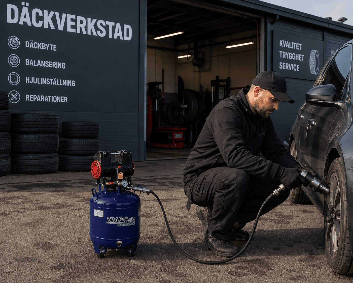 Oljefri Kompressor 50L 1500W 290L/min Rund Tyst 75dB Hopfällbart Handtag, Kraft&Dele - 7