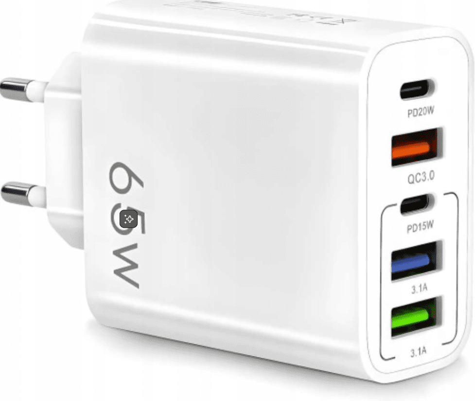 Mobilladdare 65W, 3x USB + 2x USB-C, 230V