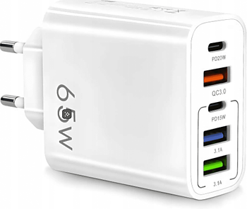 Mobilladdare 65W, 3x USB + 2x USB-C, 230V