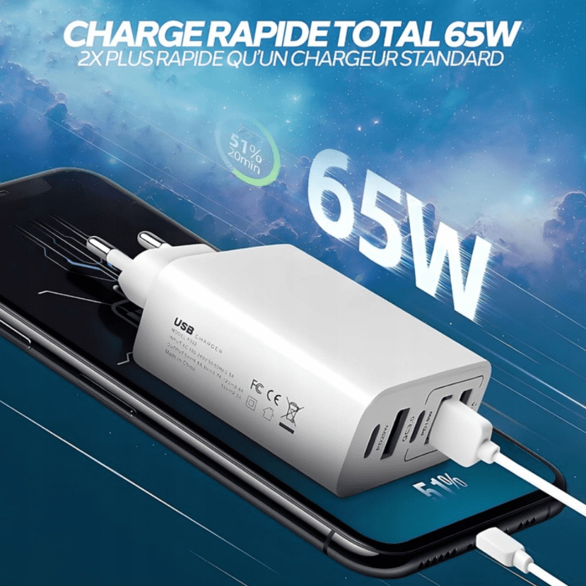 Mobilladdare 65W, 3x USB + 2x USB-C, 230V - 4