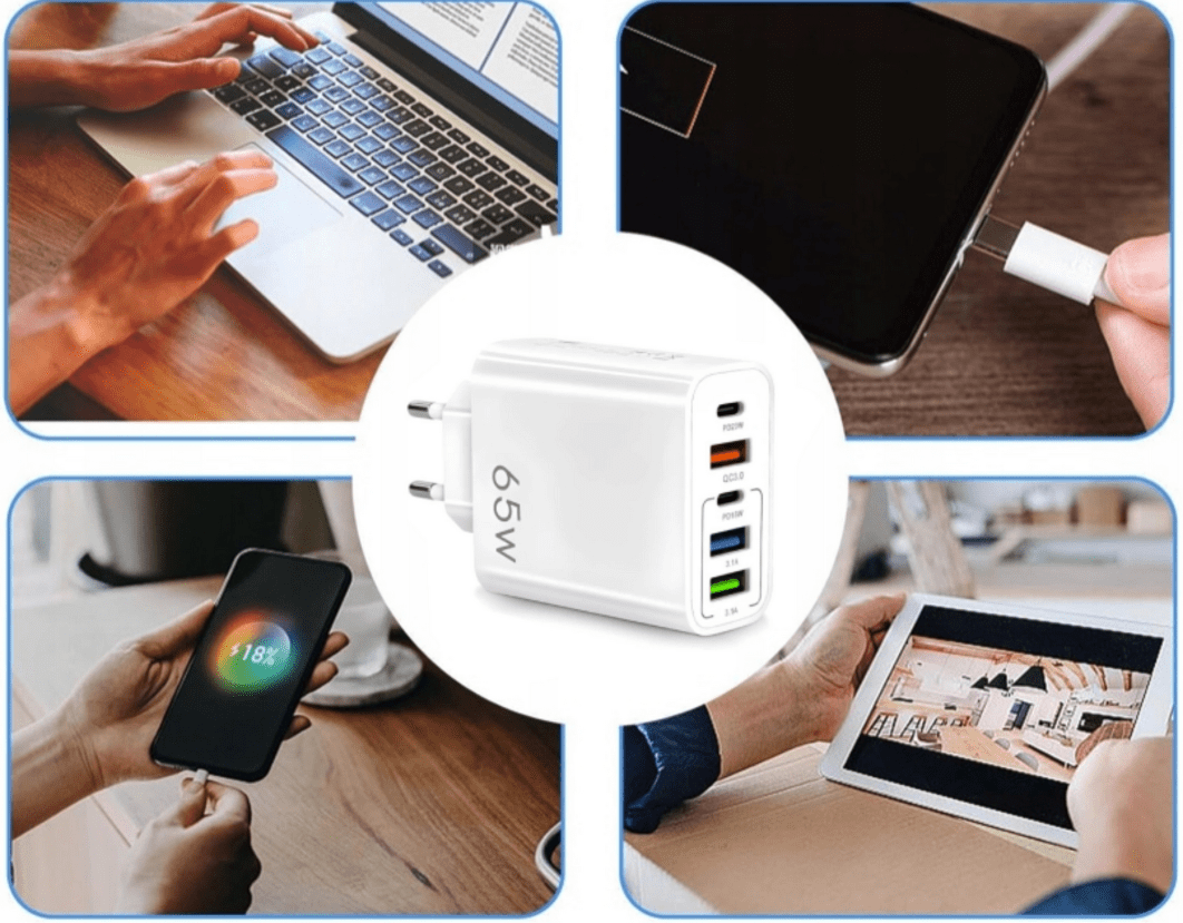 Mobilladdare 65W, 3x USB + 2x USB-C, 230V - 5
