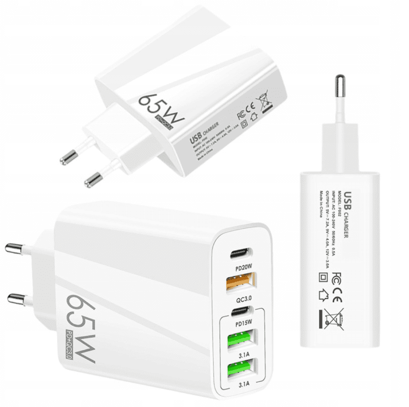 Mobilladdare 65W, 3x USB + 2x USB-C, 230V - 2