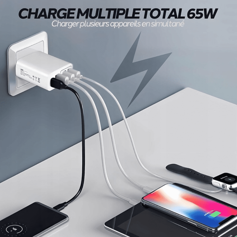 Mobilladdare 65W, 3x USB + 2x USB-C, 230V - 3