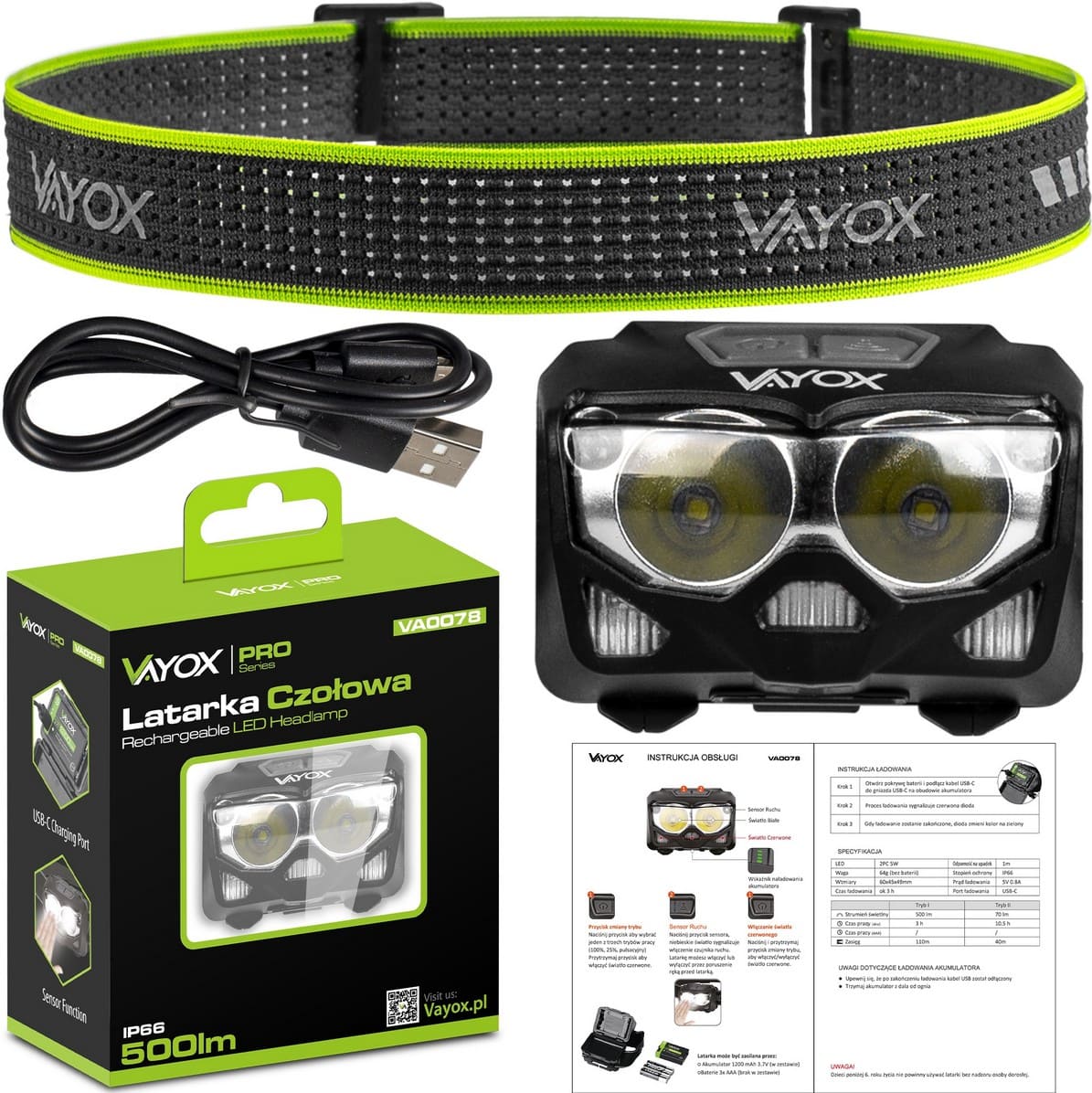 LED-pannlampa / Ficklampa, Vattentät, USB-C-uppladdningsbar (500lm), VAYOX - 2