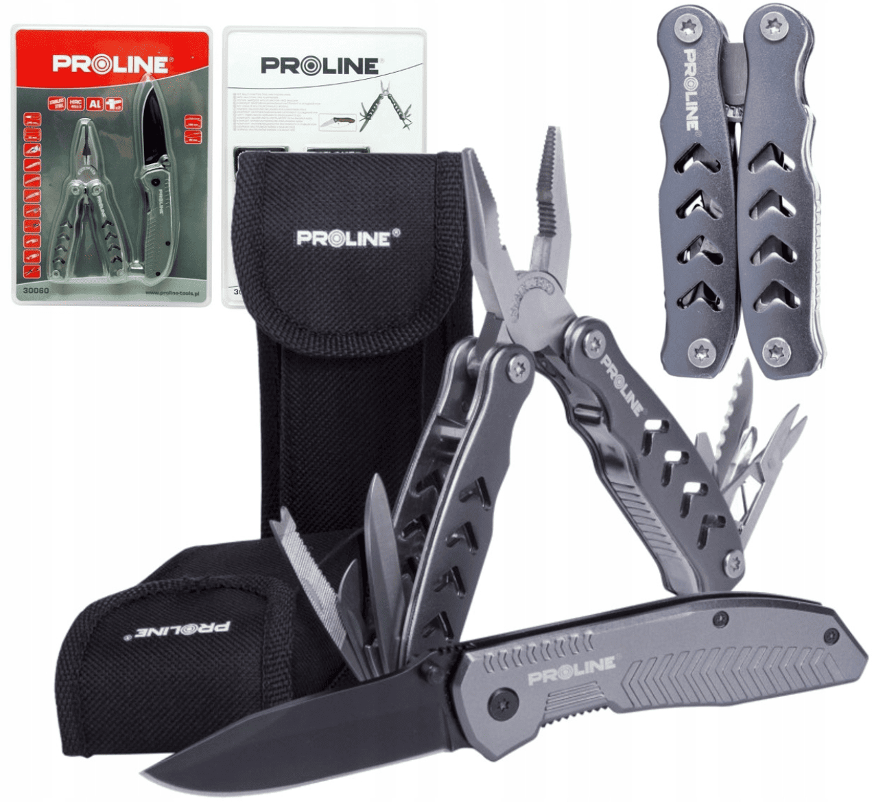 PROLINE TOOLS Multitång 9-i-1148 mm, Hopfällbar Kniv 15 cm, Rostfritt Stål, Aluminiumhandtag, Liner-Lock, Nylonfodral, Proline