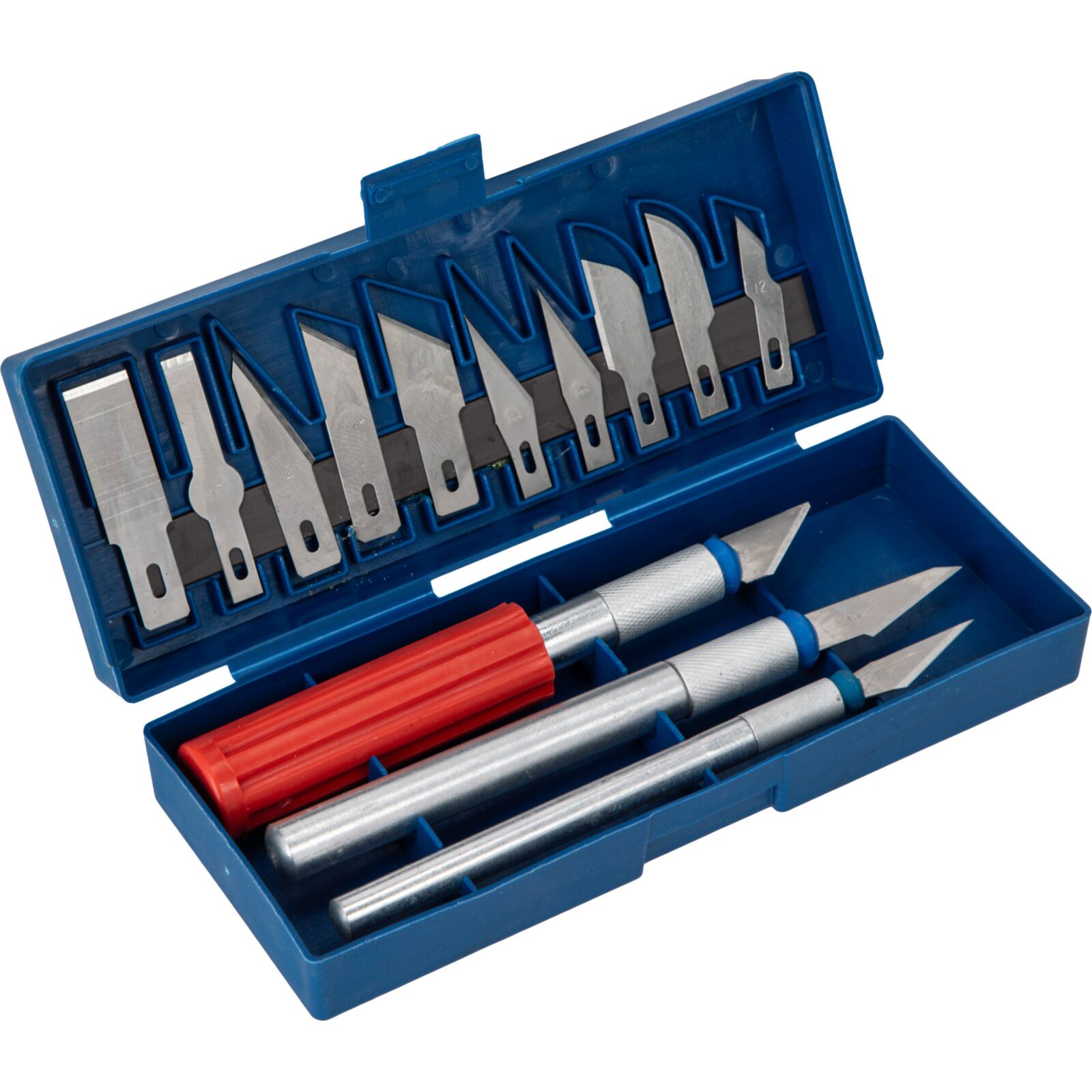 Övriga 3 Modellknivar 16st Brytbladsknivar - 3 HANDLES 8 AND 1 mm AND 11 mm WITH red PLASTIC HANDLE, 13 DIFFERENT BLADES - 3