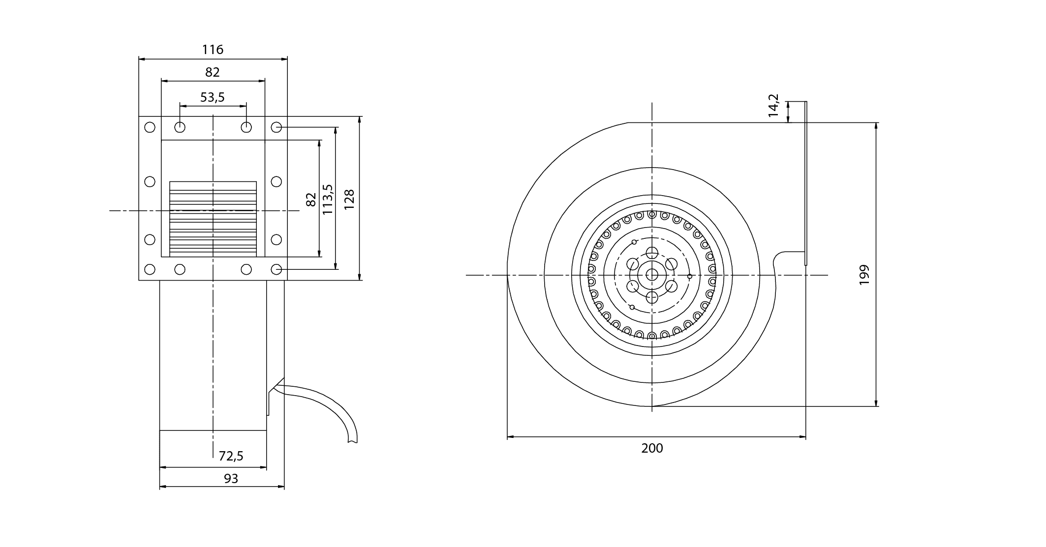 Centrifugalfläkt 370m3/h, 360Pa, 115W, industrifläkt, Ferono - 7