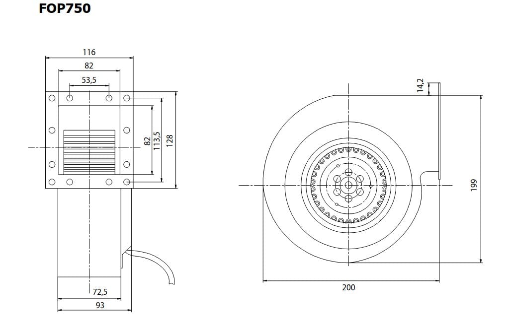 Centrifugalfläkt 370m3/h, 360Pa, 115W, industrifläkt, Ferono - 6