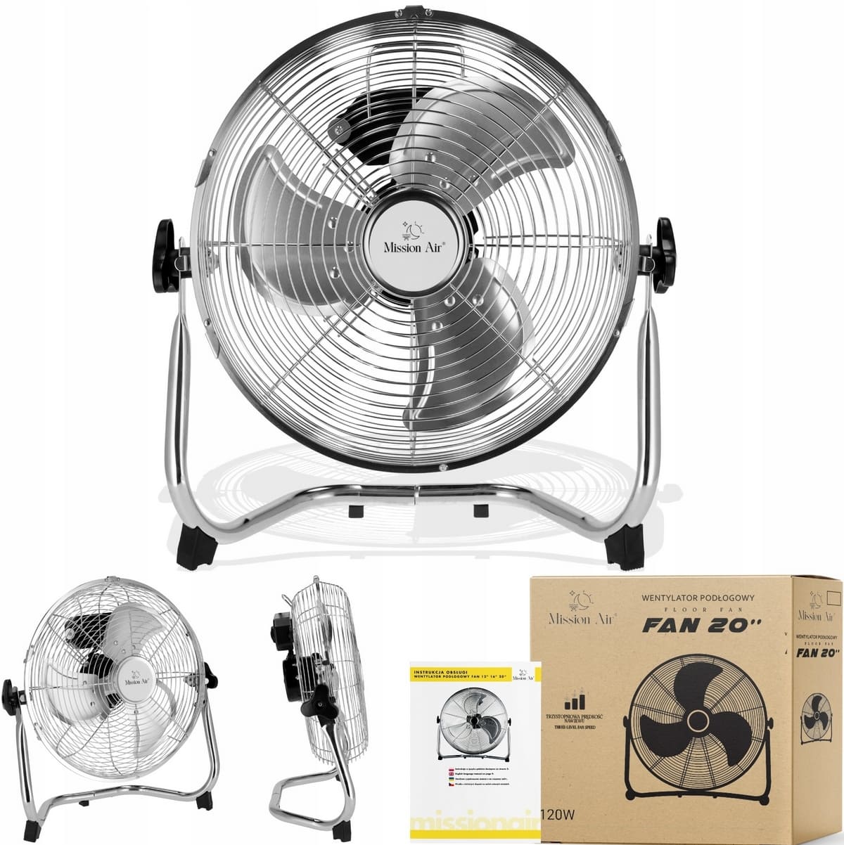 Stor kraftfull fläkt 50 cm (20) 120W, golvmodell, ganska tyst, 3 hastigheter, justerbar vinkel, Mission Air - 9