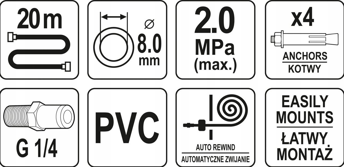 Automatisk Upprullningsbar Tryckluftsslang 20m, 20 bar, 1/4 tum, luftslang, YATO - 2
