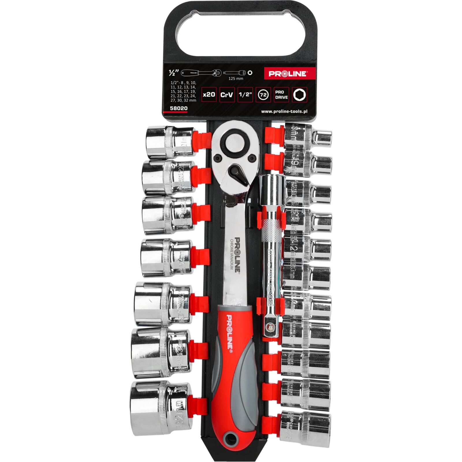 PROLINE TOOLS 20 Delars Hylssats, CRV, 1/2 Driv, 8-32 mm, Förlängningsstång, Proline