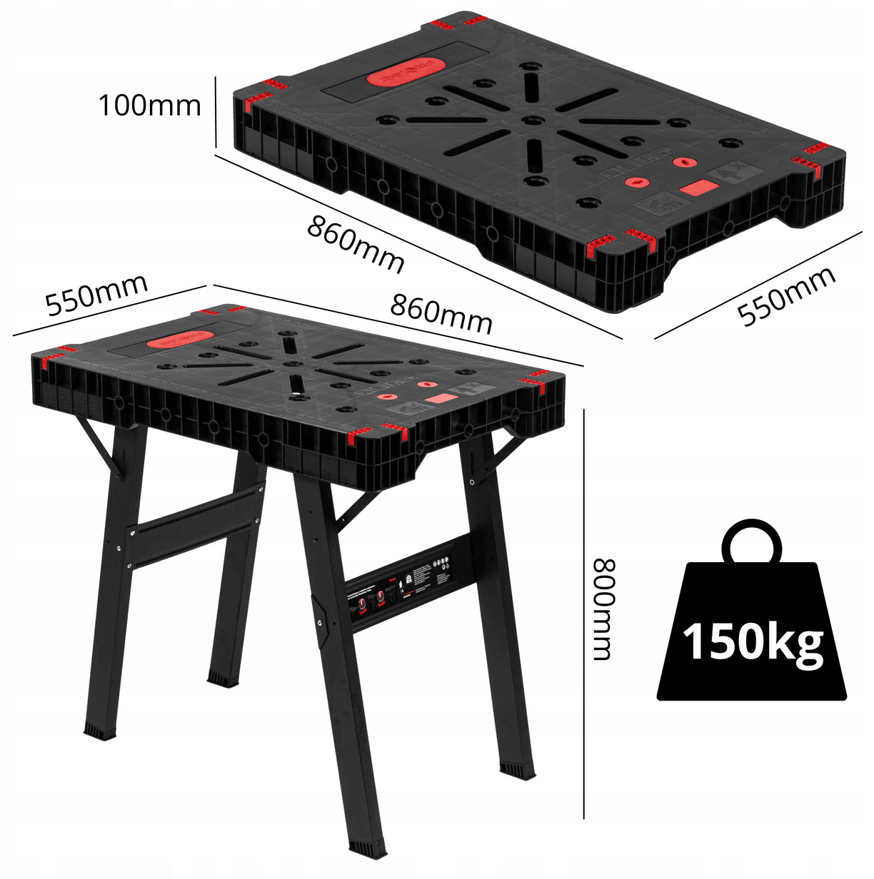 PROLINE TOOLS Hopfällbart Arbetsbord 150 kg 860 x 550 mm Klämfästhål Länkningsbeslag Snabbfäste, Proline - 8