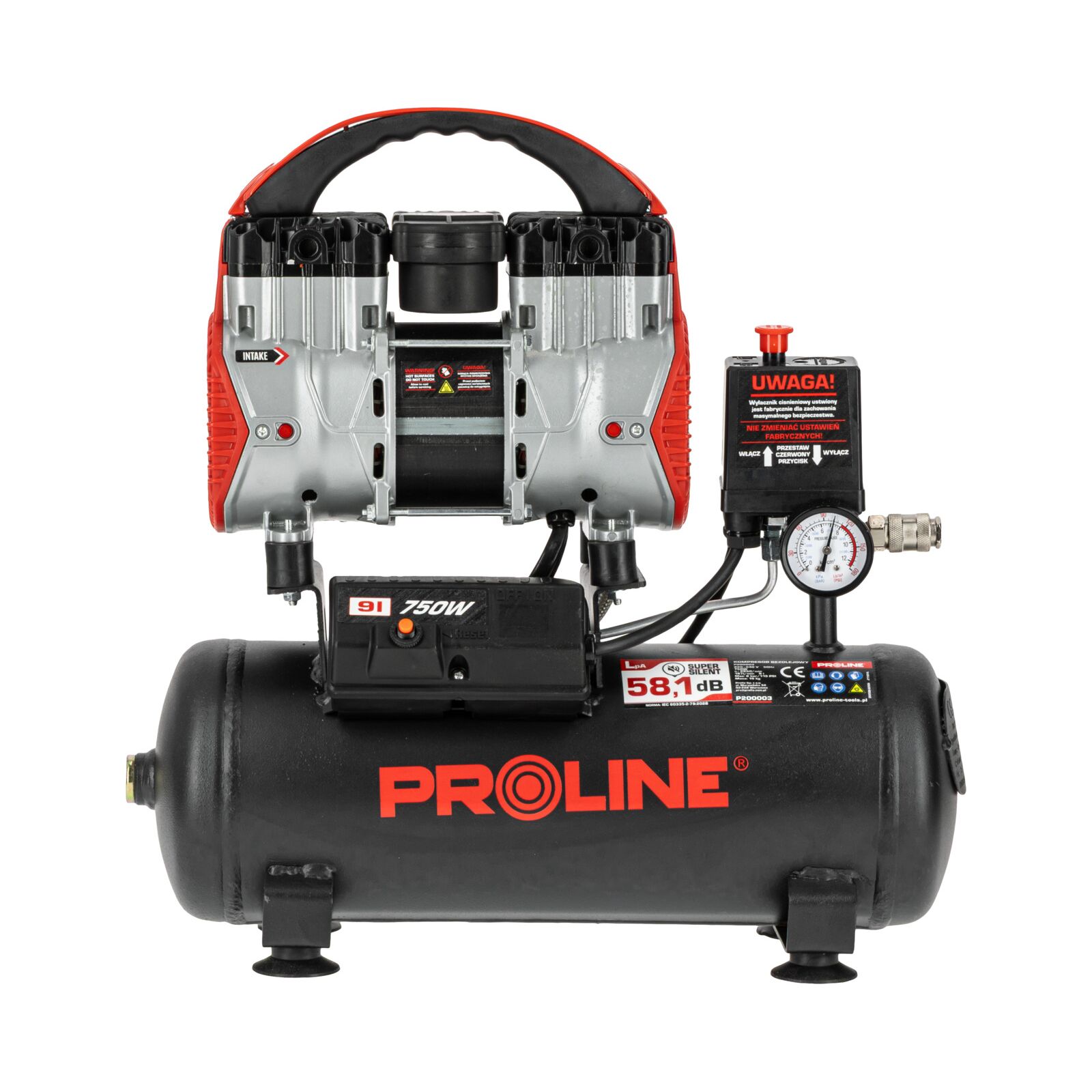 PROLINE TOOLS Olje-fri Kompressor 9L, 750W, 8BAR, 167L/MIN, 58.1 dB, 15 kg, 3-lagers Stål, Proline