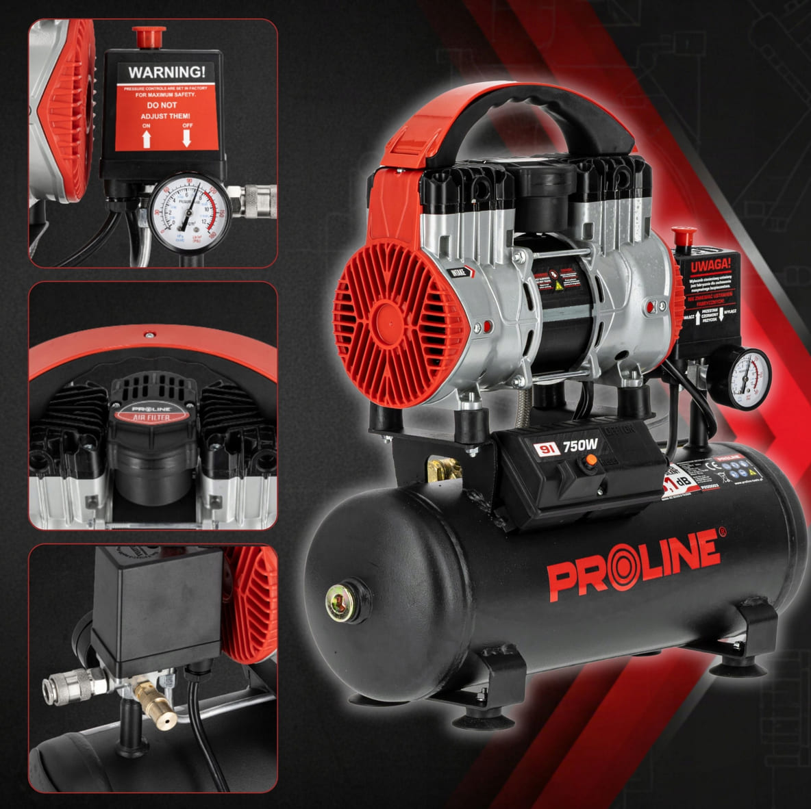 PROLINE TOOLS Olje-fri Kompressor 9L, 750W, 8BAR, 167L/MIN, 58.1 dB, 15 kg, 3-lagers Stål, Proline - 9