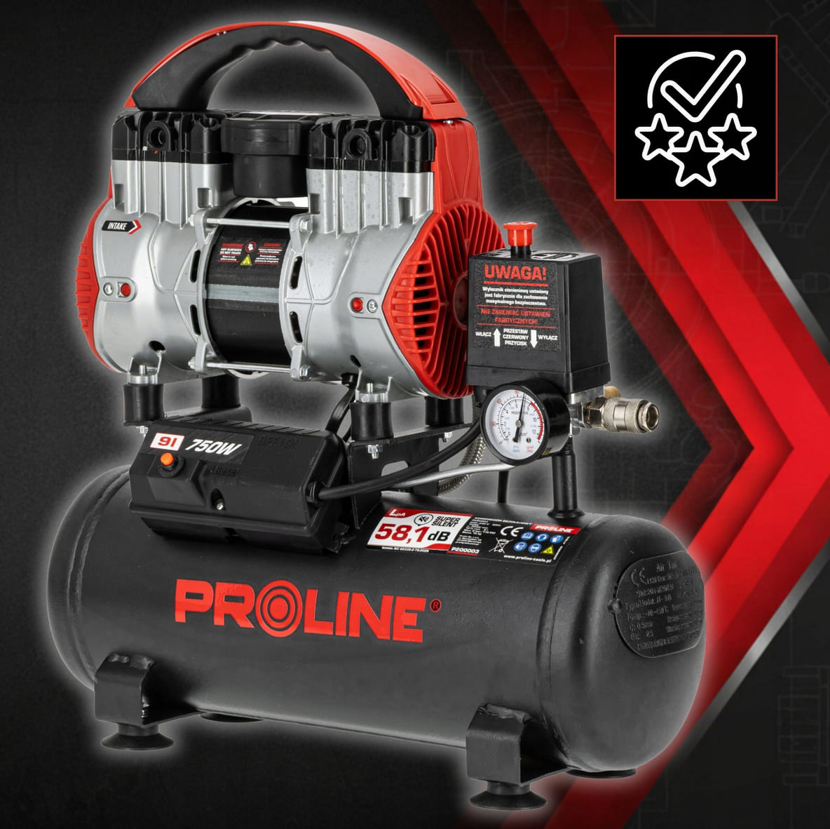 PROLINE TOOLS Olje-fri Kompressor 9L, 750W, 8BAR, 167L/MIN, 58.1 dB, 15 kg, 3-lagers Stål, Proline - 10